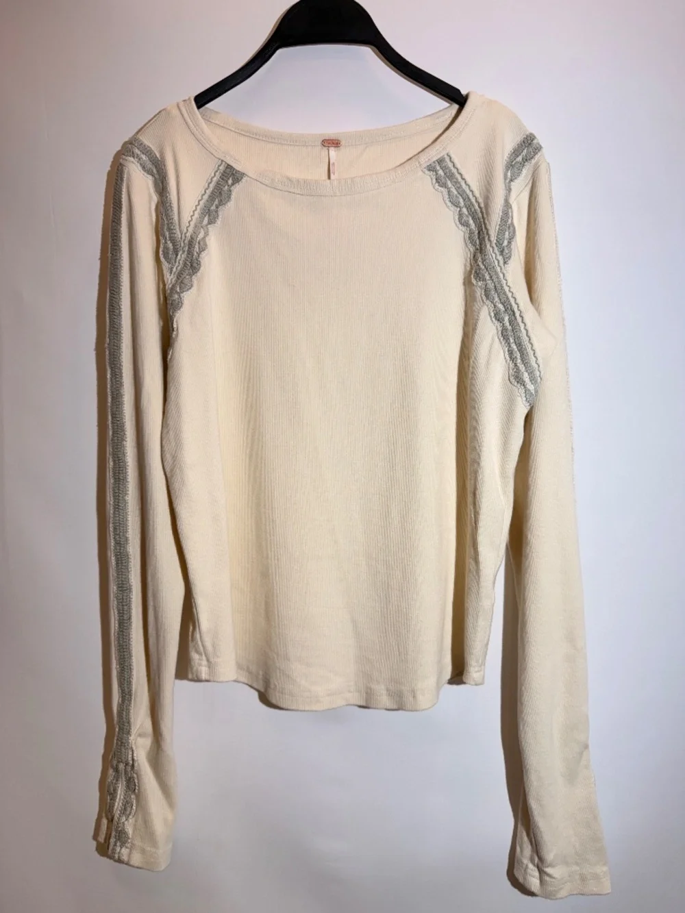 NWT Free People Lost Love Navy Teal Ribbed Crochet Lace Long Sleeve Top XL